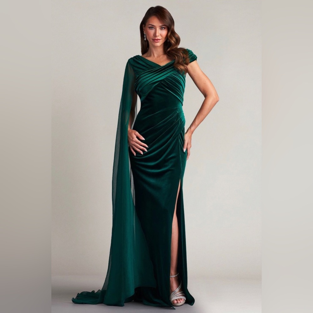 TADASHI SHOJI - VELVET ONE SHOULDER CAPE GOWN